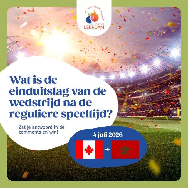 WK 2026 | Wedstrijd Canada - Marokko
Doe mee met onze Stadshart Leerdam WK-winactie.
Voorspel en maak kans op mooie prijzen onder andere ter beschikking gesteld door de Leerdamse Ondernemers.
Hoe werkt de actie?
- Geef het antwoord in de comments
- Wie de juiste einduitslag geeft maakt kans
- Na de wedstrijd maken we de winnaar bekend
Like ons op Instagram en/of Facebook!
Stadshart Leerdam; Waar Sfeer en Ambacht Samenkomen!
#voorspelenwin #canadamarokko #doemeeenwin #stadshartleerdam #wk #wkactie #maakkans